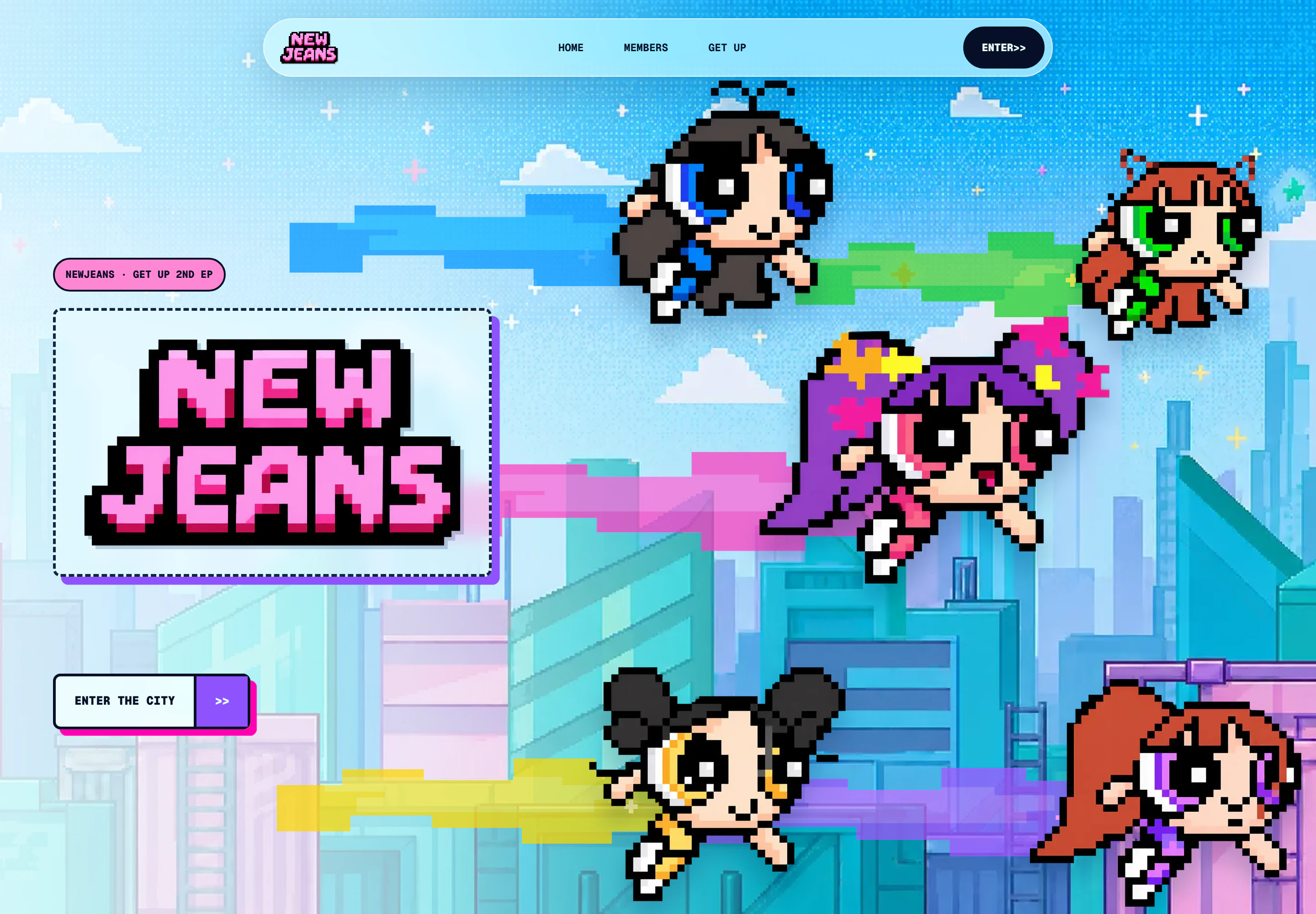 Desktop NewJeans Pixel Journey hero with five pixel-art characters over a city